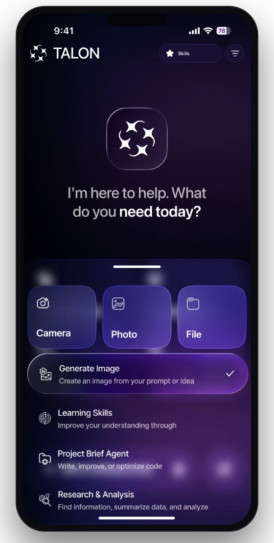 TALON app — attach a photo, file, or pick a skill